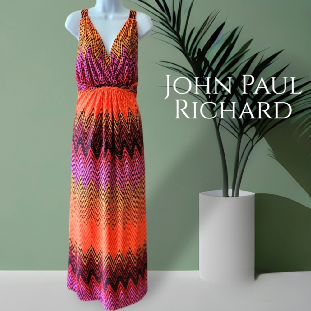 JohnPaulRichard Boho Maxi Dress Size XL Surplice V-Neck Orange Purple Red Black